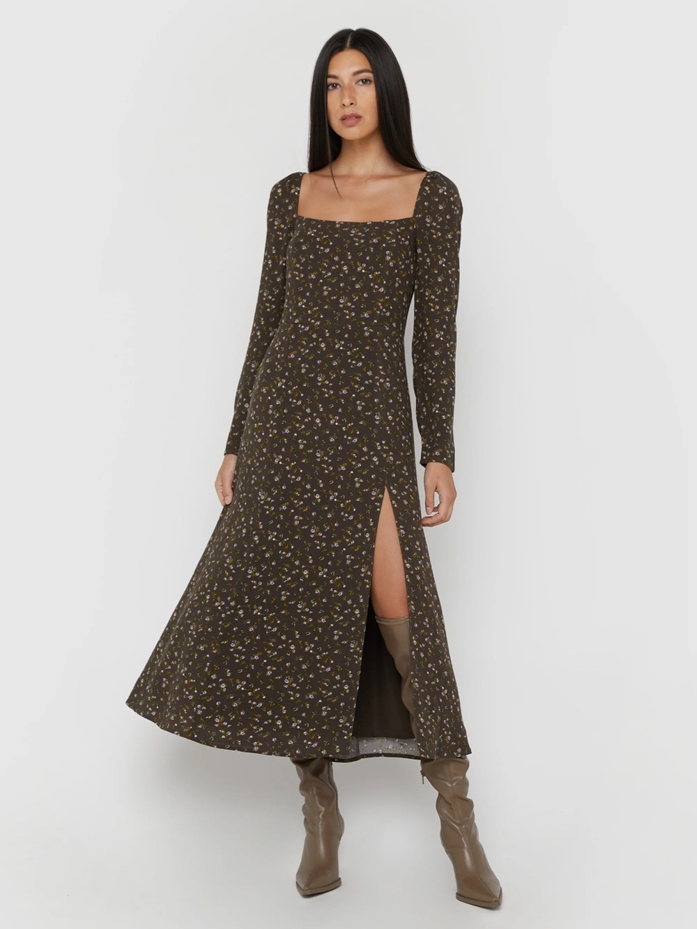 OAK + FORT Olive Floral Square-Neck Maxi Dress with Side Slit